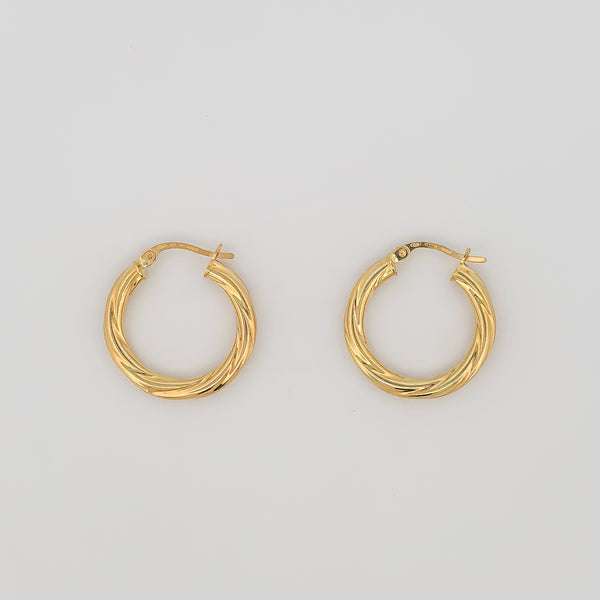 AJACCIO Hoops in solid 9ct or 18ct yellow gold, twisted design. AGOVIA fine jewellery.