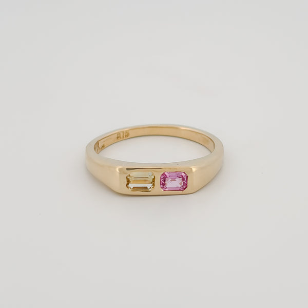 TECLA Ring in 9ct yellow gold, set with emerald-cut pink and yellow Ceylon sapphires. Handmade in Melbourne by AGOVIA.