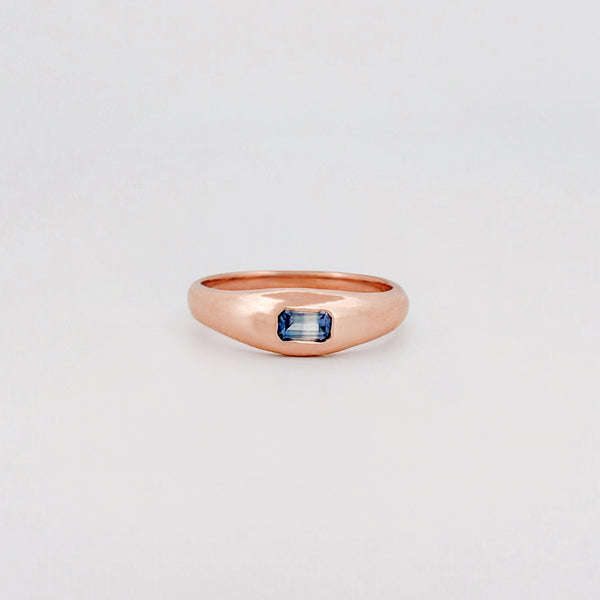 LILIAN Ring in 9ct pink gold, set with an emerald-cut ruby or blue Ceylon sapphire. Handmade in Melbourne by AGOVIA.