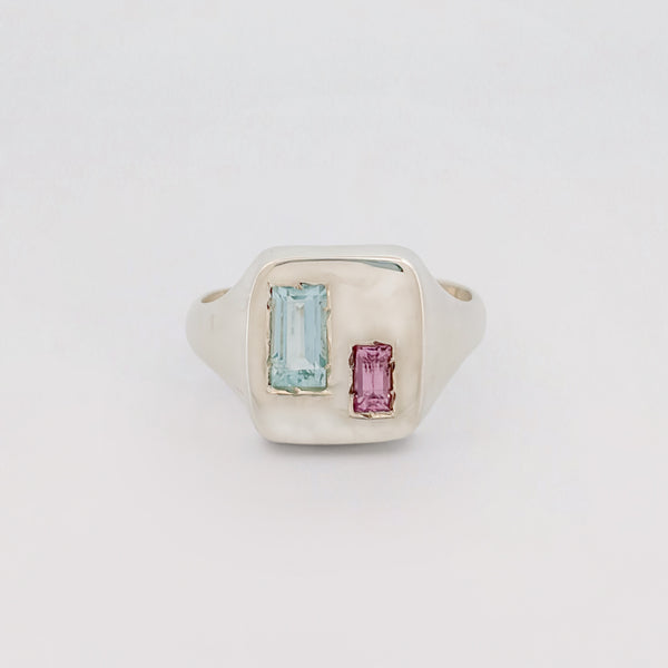 ALEXANDRA Ring in sterling silver, set with baguette aquamarine and pink sapphire. Handmade in Melbourne by AGOVIA.
