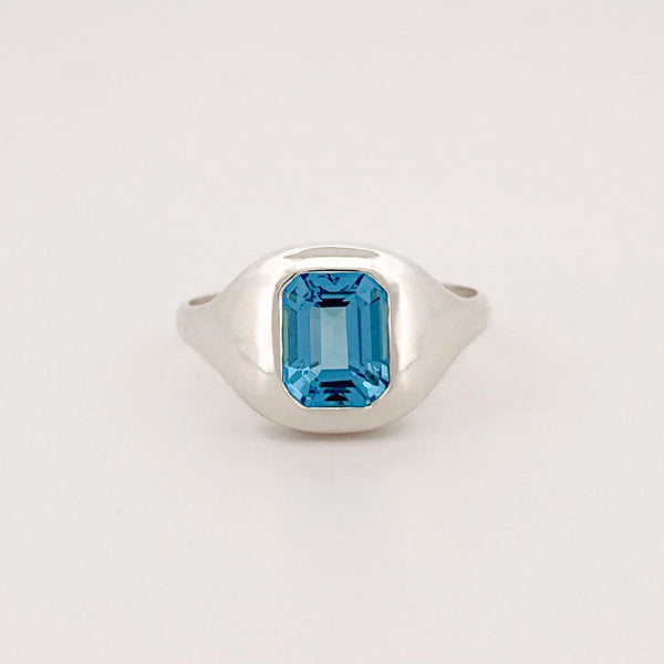 BELLO Ring in sterling silver, set with an emerald-cut Swiss blue topaz. Handmade in Melbourne by AGOVIA.