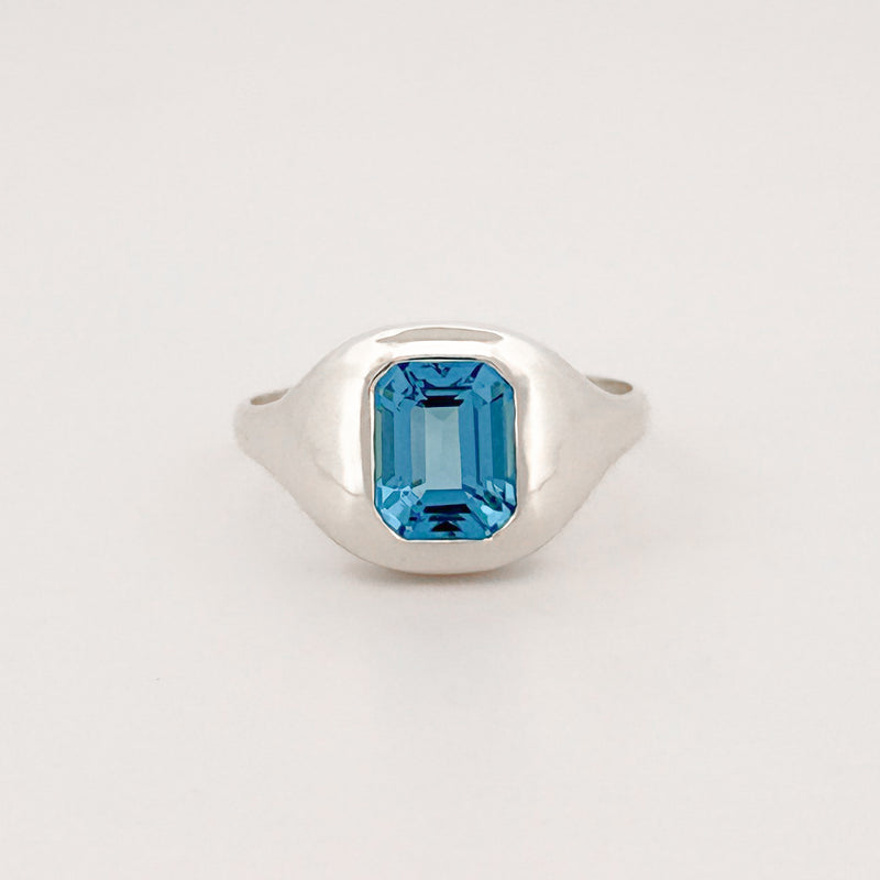 BELLO Ring in sterling silver, set with an emerald-cut Swiss blue topaz. Handmade in Melbourne by AGOVIA.