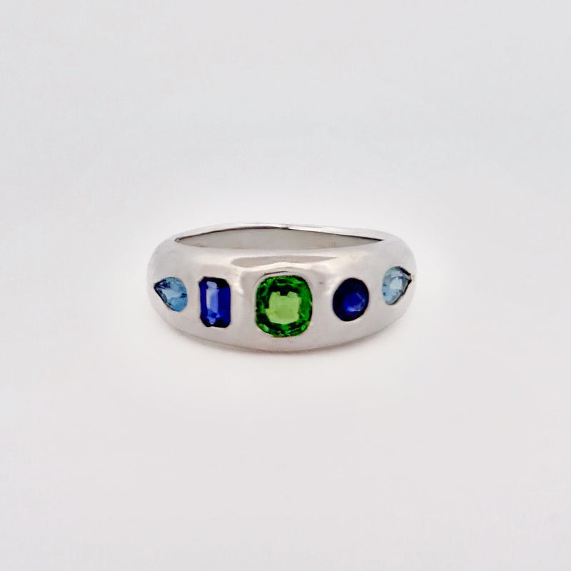 AKIRA Ring in sterling silver, scattered with tsavorite garnet, Ceylon sapphire and aquamarine. Handmade in Melbourne by AGOVIA.