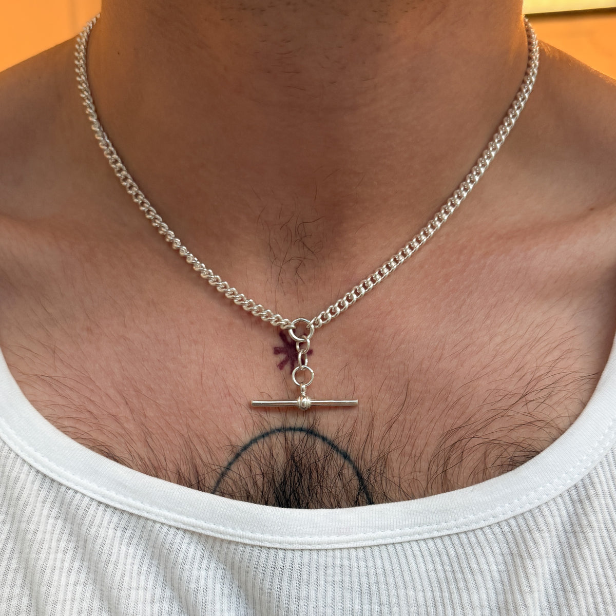 AGOVIA fob chain in sterling silver, rounded curb links with a solid T-bar. Handmade in Melbourne.