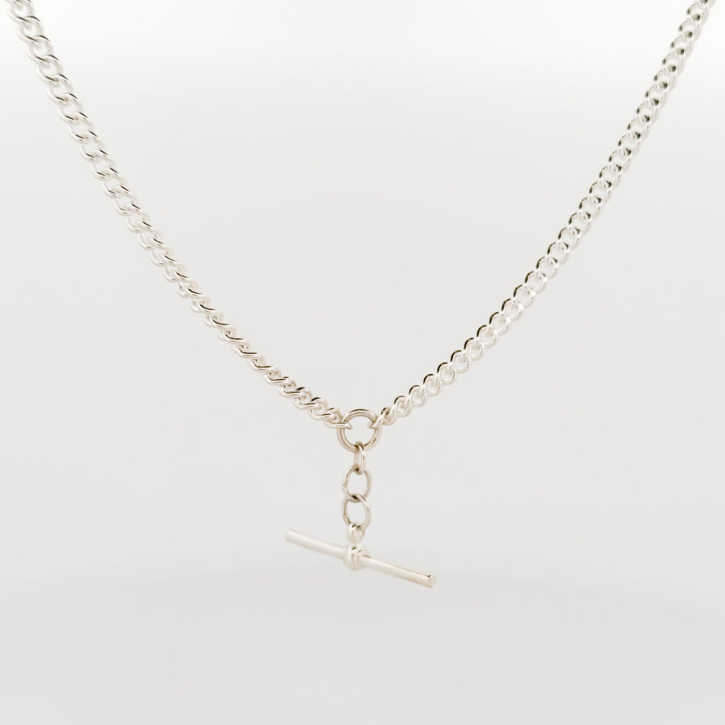 Silver necklace with a clasp on a light gray background