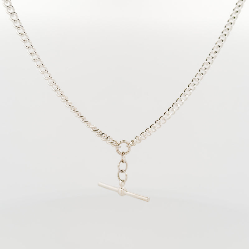 AGOVIA fob chain in sterling silver, rounded curb links with a solid T-bar. Handmade in Melbourne.