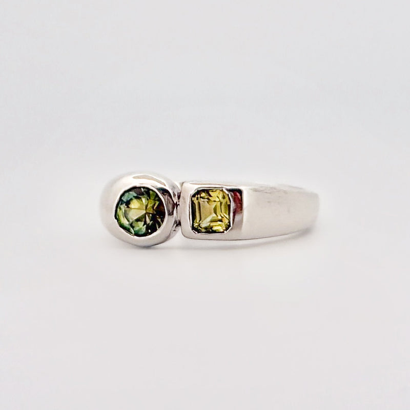 ALEC Ring in sterling silver, set with an Asscher-cut yellow sapphire and a round-cut, unheated Australian parti sapphire. Handmade in Melbourne by AGOVIA.