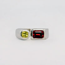 ARANSO IV Ring in recycled sterling silver, set with an emerald-cut hessonite garnet and round Ceylon sapphire. Handmade in Melbourne by AGOVIA.