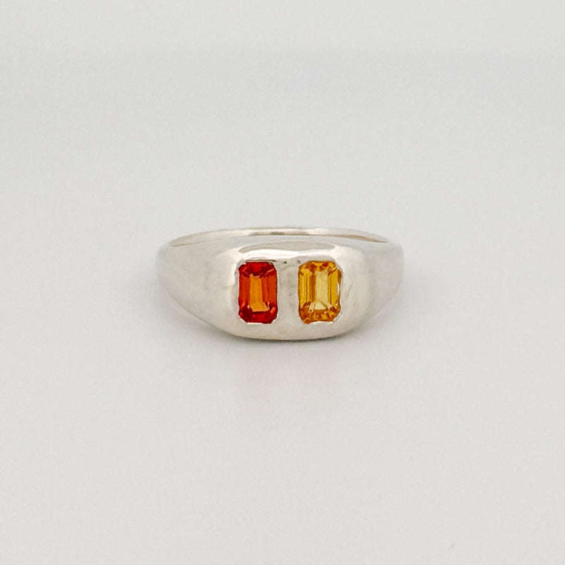 FLAVIA Ring in sterling silver, set with emerald-cut orange and yellow sapphires. Handmade in Melbourne by AGOVIA.