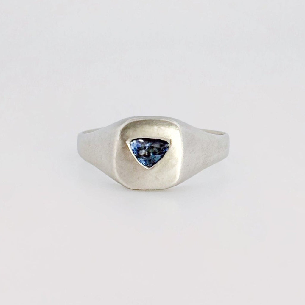 FACETIA signet ring in recycled sterling silver, set with a trapezoid-cut Santa Maria aquamarine. Handmade in Melbourne by AGOVIA.