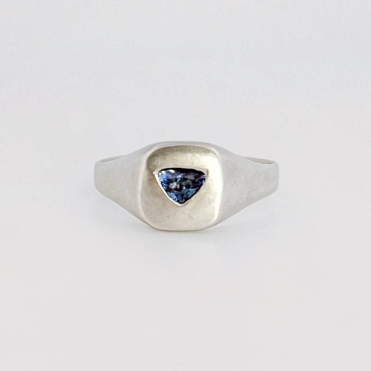 FACETIA signet ring in sterling silver, set with a trapezoid-cut Santa Maria aquamarine. Handmade in Melbourne by AGOVIA.