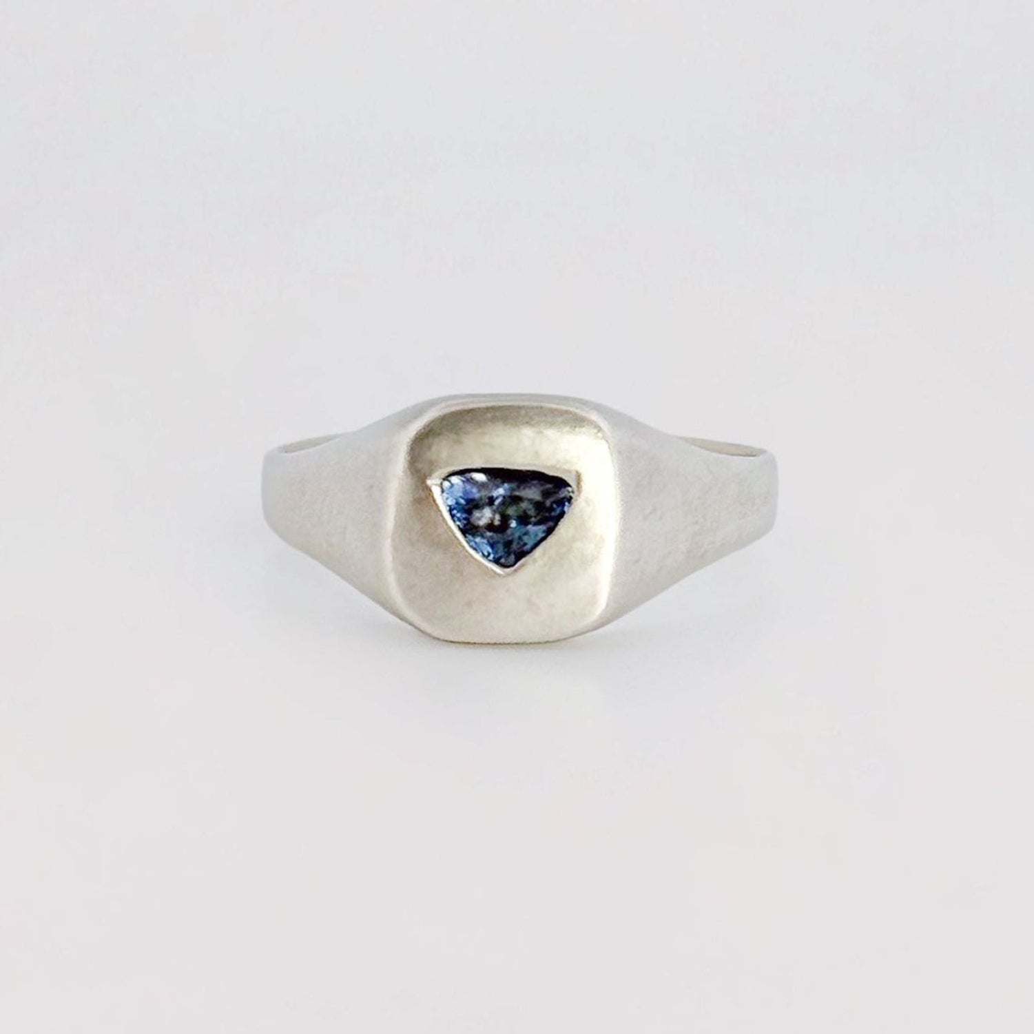 FACETIA signet ring in recycled sterling silver, set with a trapezoid-cut Santa Maria aquamarine. Handmade in Melbourne by AGOVIA.