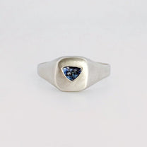 FACETIA signet ring in recycled sterling silver, set with a trapezoid-cut Santa Maria aquamarine. Handmade in Melbourne by AGOVIA.