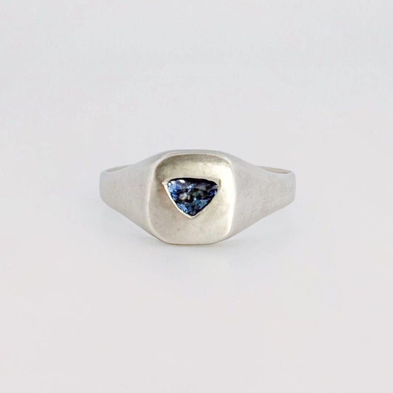 FACETIA signet ring in sterling silver, set with a trapezoid-cut Santa Maria aquamarine. Handmade in Melbourne by AGOVIA.
