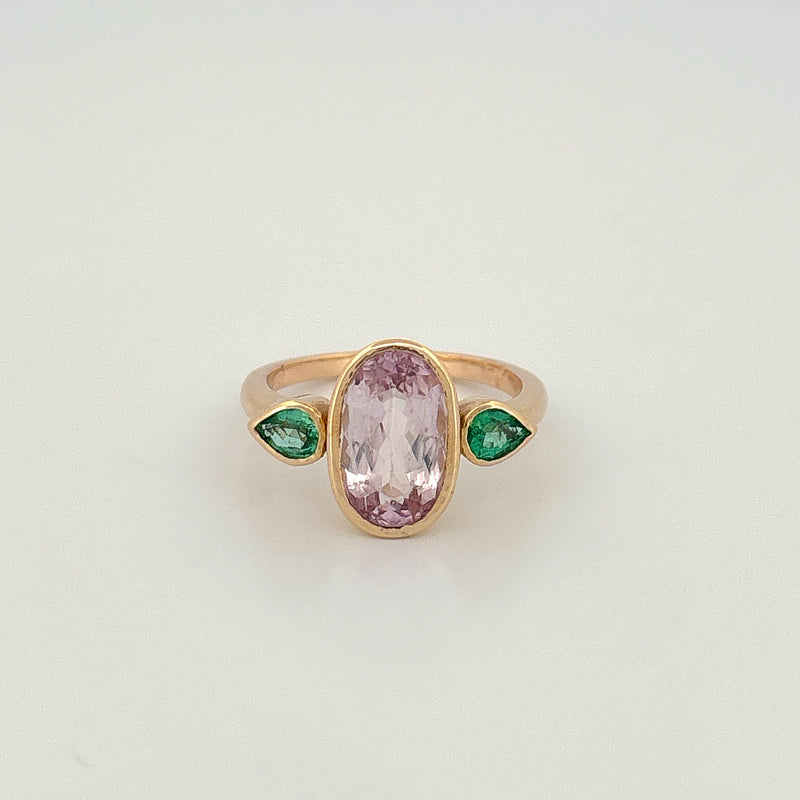 POLLYANNA Ring in 9ct yellow gold, set with a kunzite and two Zambian emeralds. One-of-one piece by AGOVIA Melbourne.