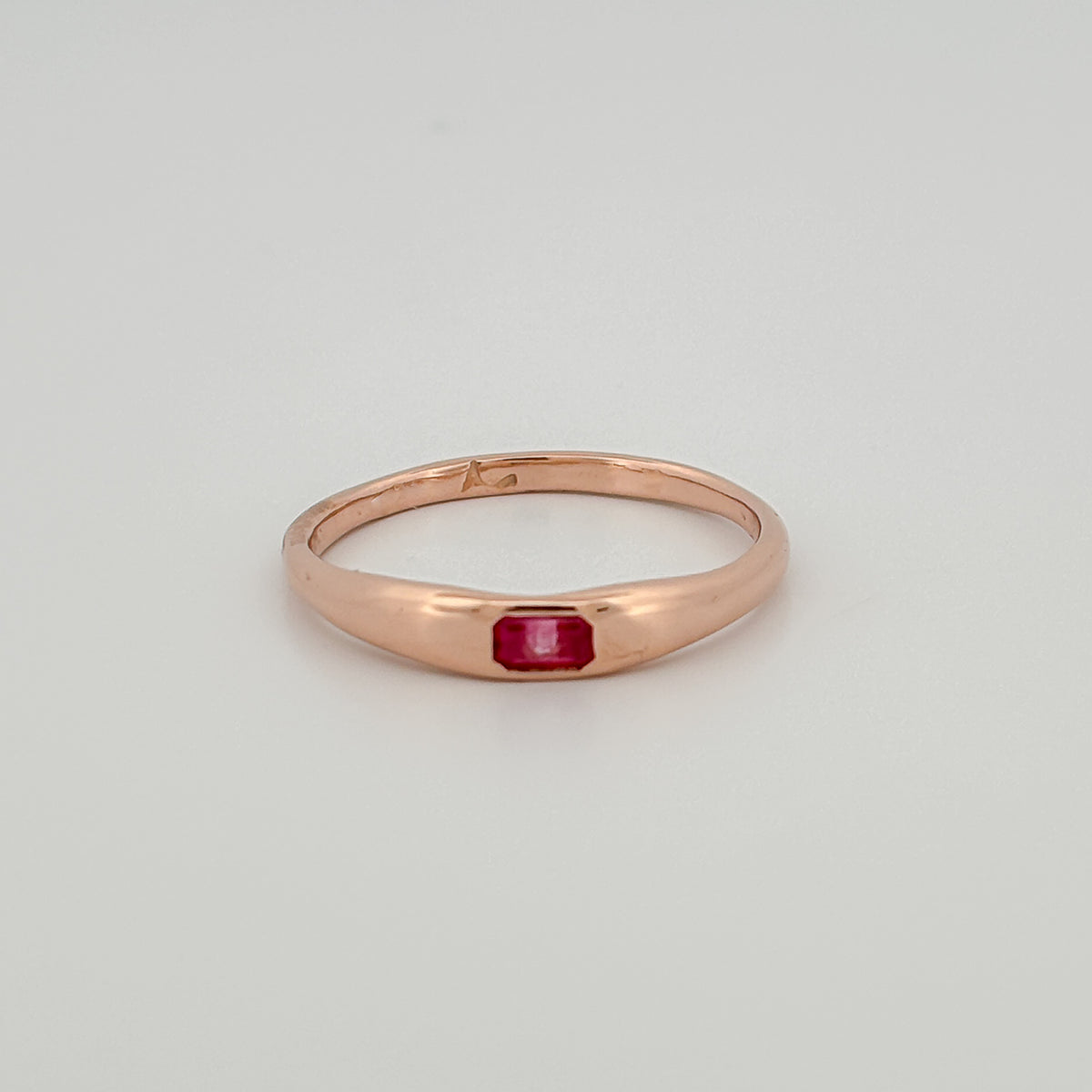 LILIAN Ring in 9ct pink gold, set with an emerald-cut ruby or blue Ceylon sapphire. Handmade in Melbourne by AGOVIA.