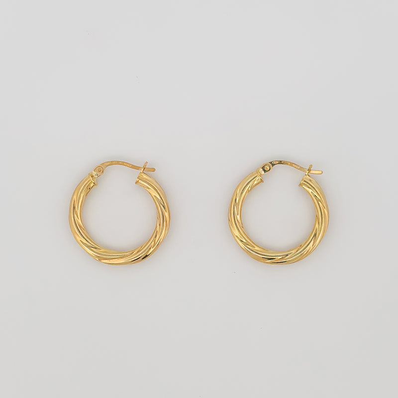 AJACCIO Hoops in solid 9ct or 18ct yellow gold, twisted design. AGOVIA fine jewellery.