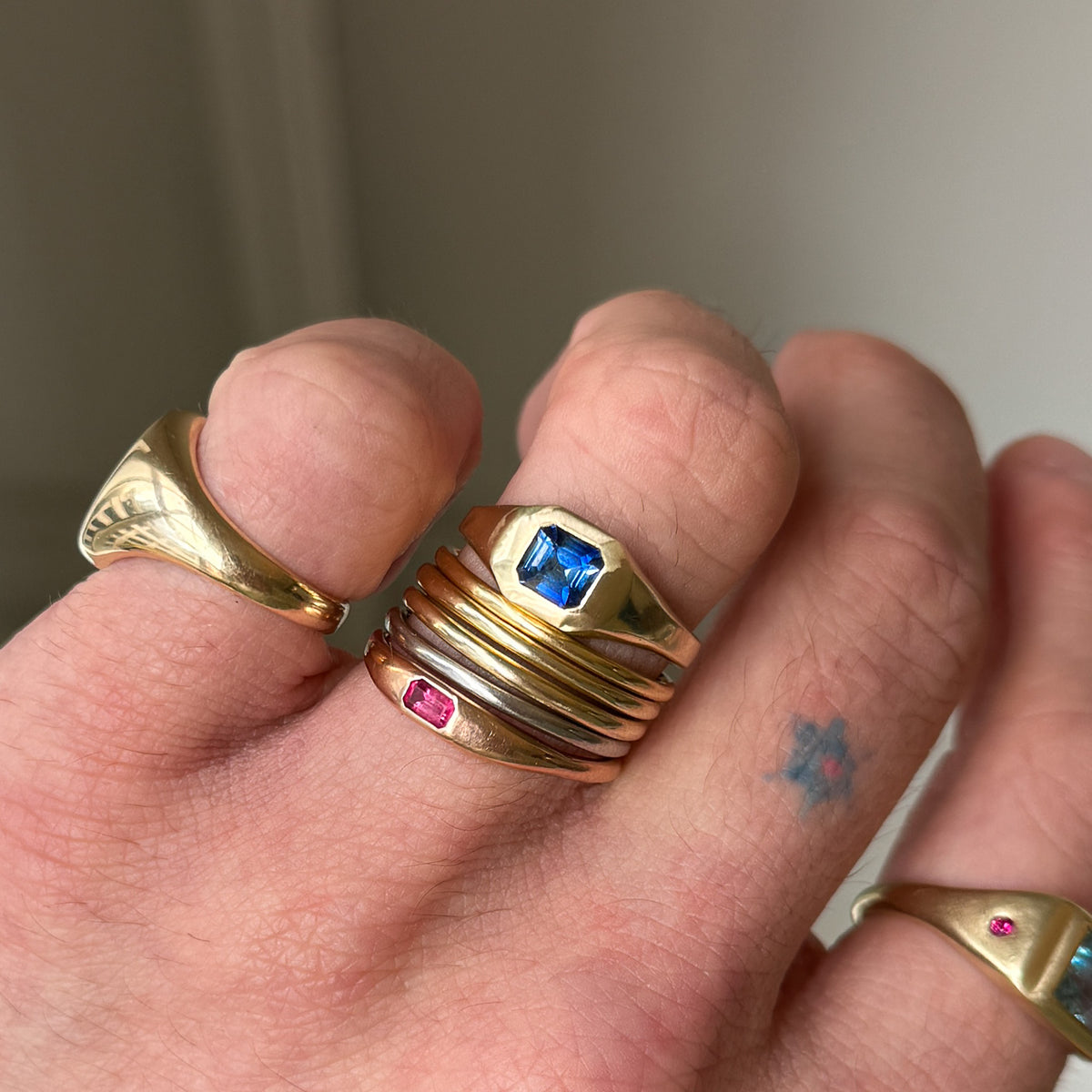 BACCHUS signet ring in 14ct yellow gold, set with an Asscher-cut Ceylon sapphire. Handmade in Melbourne by AGOVIA.