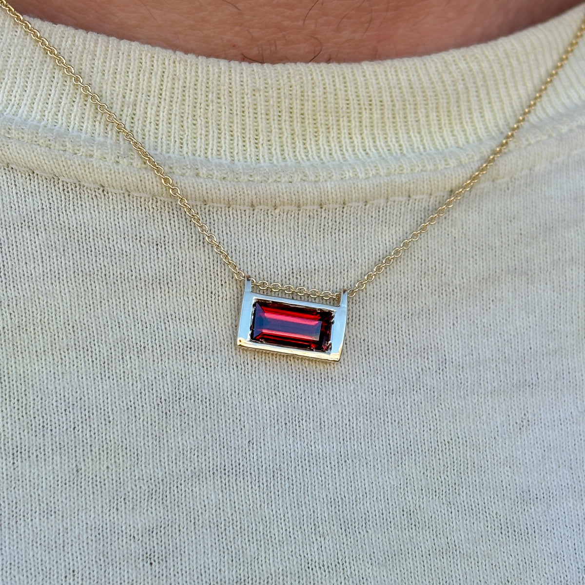 VIVIANA Pendant in 9ct yellow gold, set with a baguette almandine garnet on an Italian adjustable chain. Handmade in Melbourne by AGOVIA.