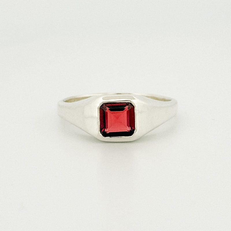 BACCHUS signet ring in sterling silver, set with a square-cut almandine garnet. Handmade in Melbourne by AGOVIA.