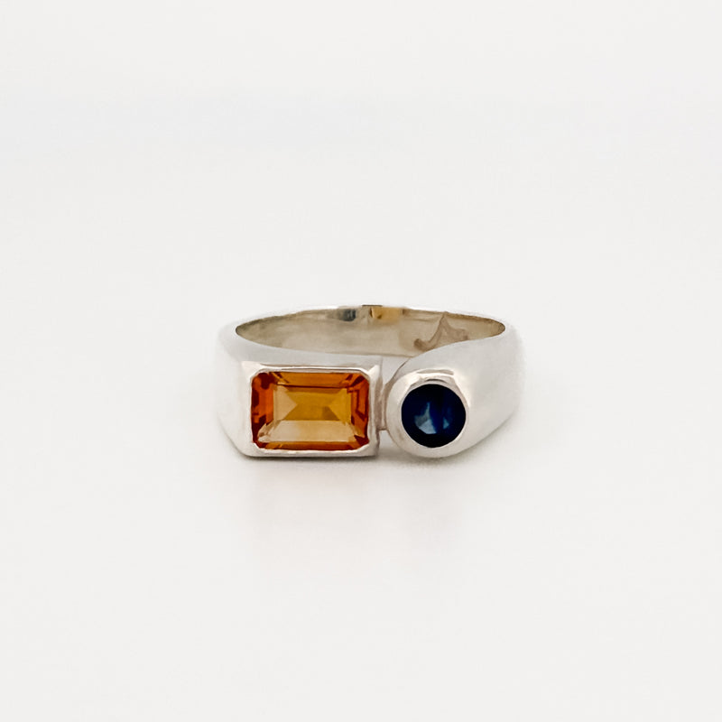 ARANSO Ring in sterling silver, set with a 7x5mm emerald-cut citrine and 4mm round-cut blue sapphire. Handmade in Melbourne by AGOVIA.
