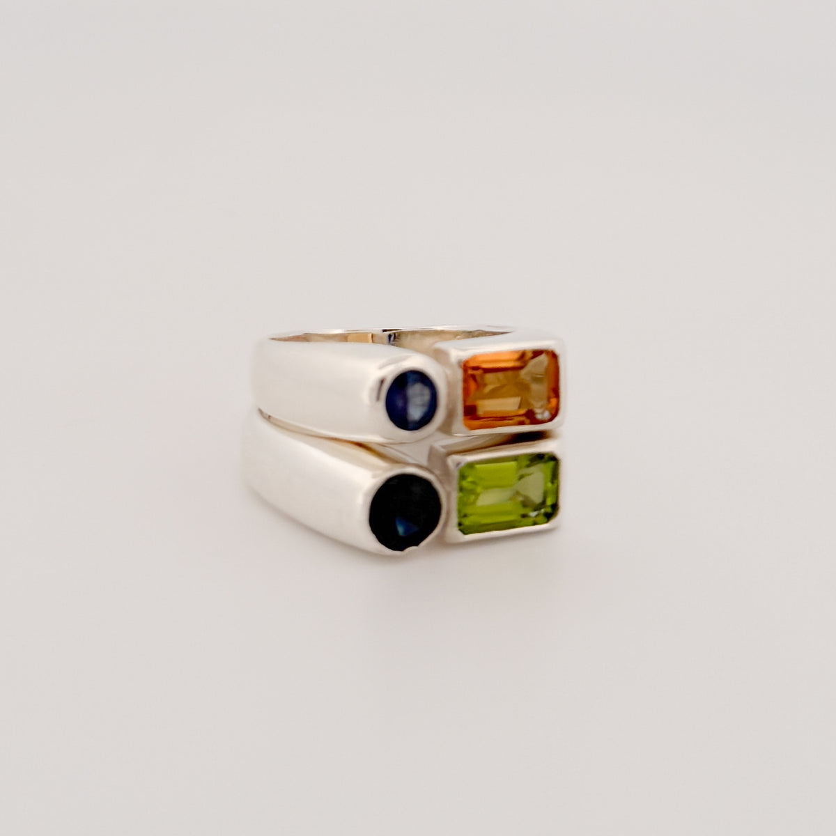 ARANSO Ring in sterling silver, set with an emerald-cut citrine and round blue sapphire. Handmade in Melbourne by AGOVIA.
