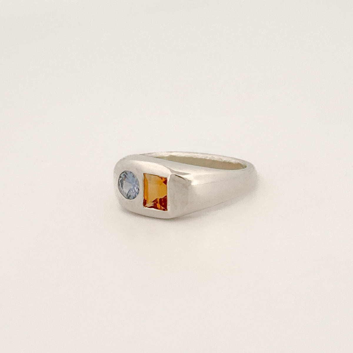BASTIA Ring in sterling silver, set with a baguette citrine and pastel Ceylon sapphire. Handmade in Melbourne by AGOVIA.