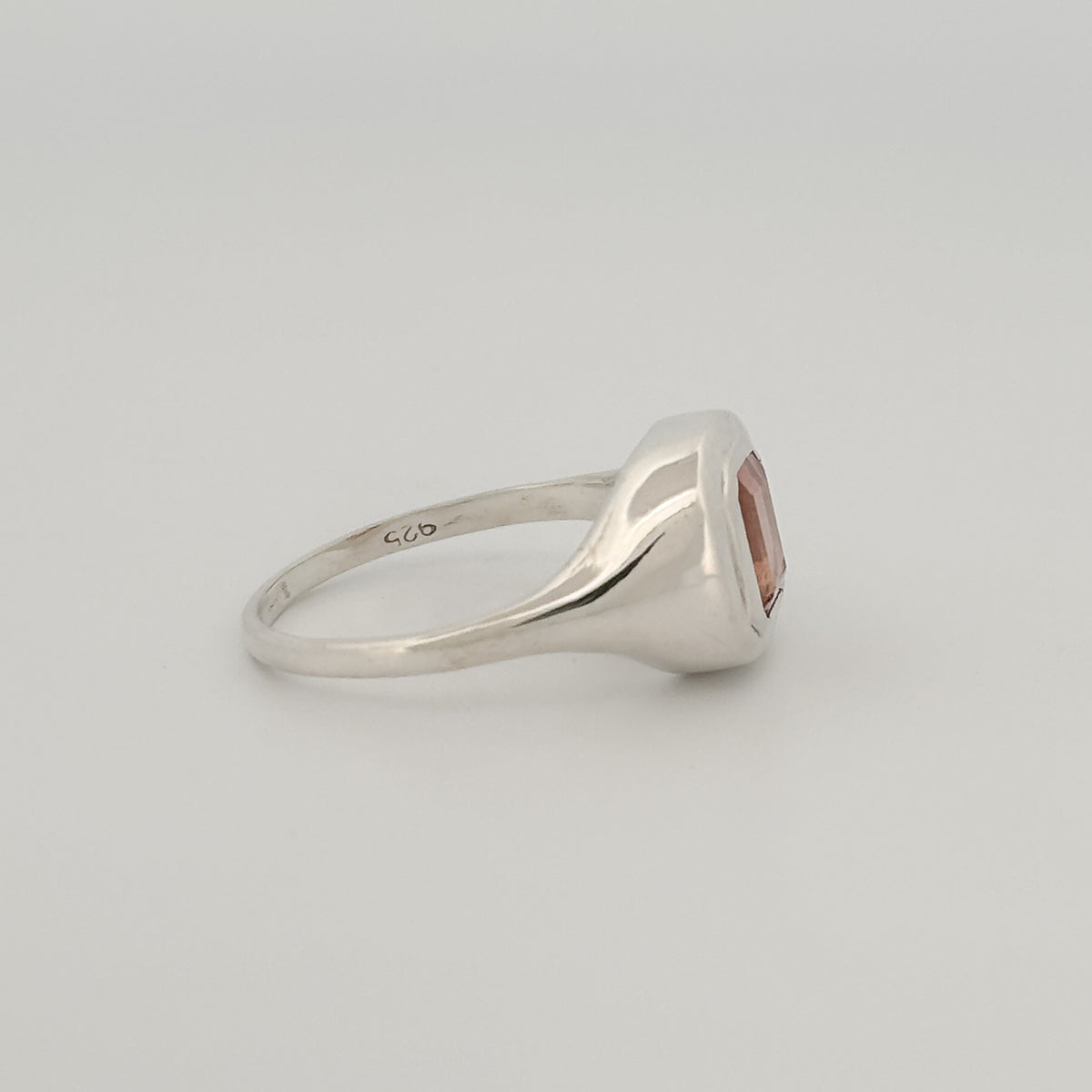 ATTIS Ring in sterling silver, set with an emerald-cut peach tourmaline. Handmade in Melbourne by AGOVIA.