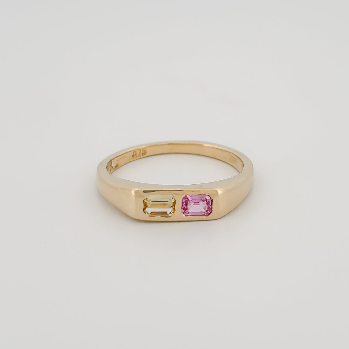 TECLA Ring in 9ct yellow gold, set with emerald-cut pink and yellow Ceylon sapphires. Handmade in Melbourne by AGOVIA.