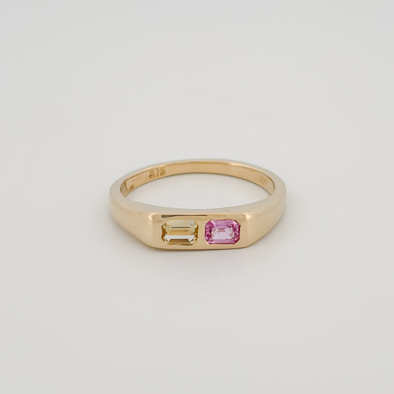TECLA Ring in 9ct yellow gold, set with emerald-cut pink and yellow Ceylon sapphires. Handmade in Melbourne by AGOVIA.