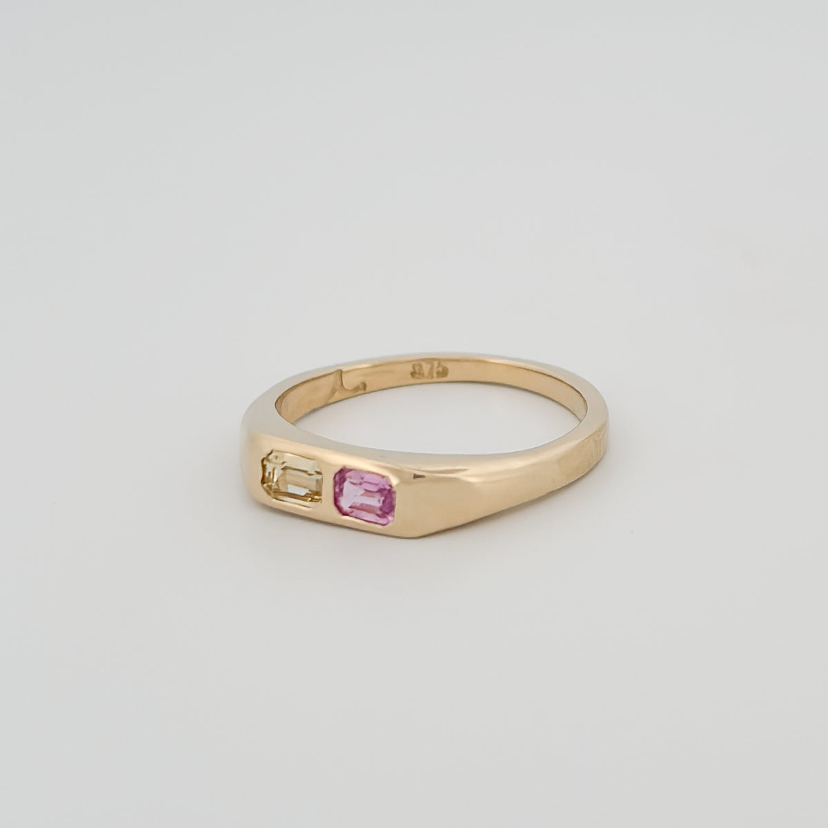 TECLA Ring in 9ct yellow gold, set with emerald-cut pink and yellow Ceylon sapphires. Handmade in Melbourne by AGOVIA.