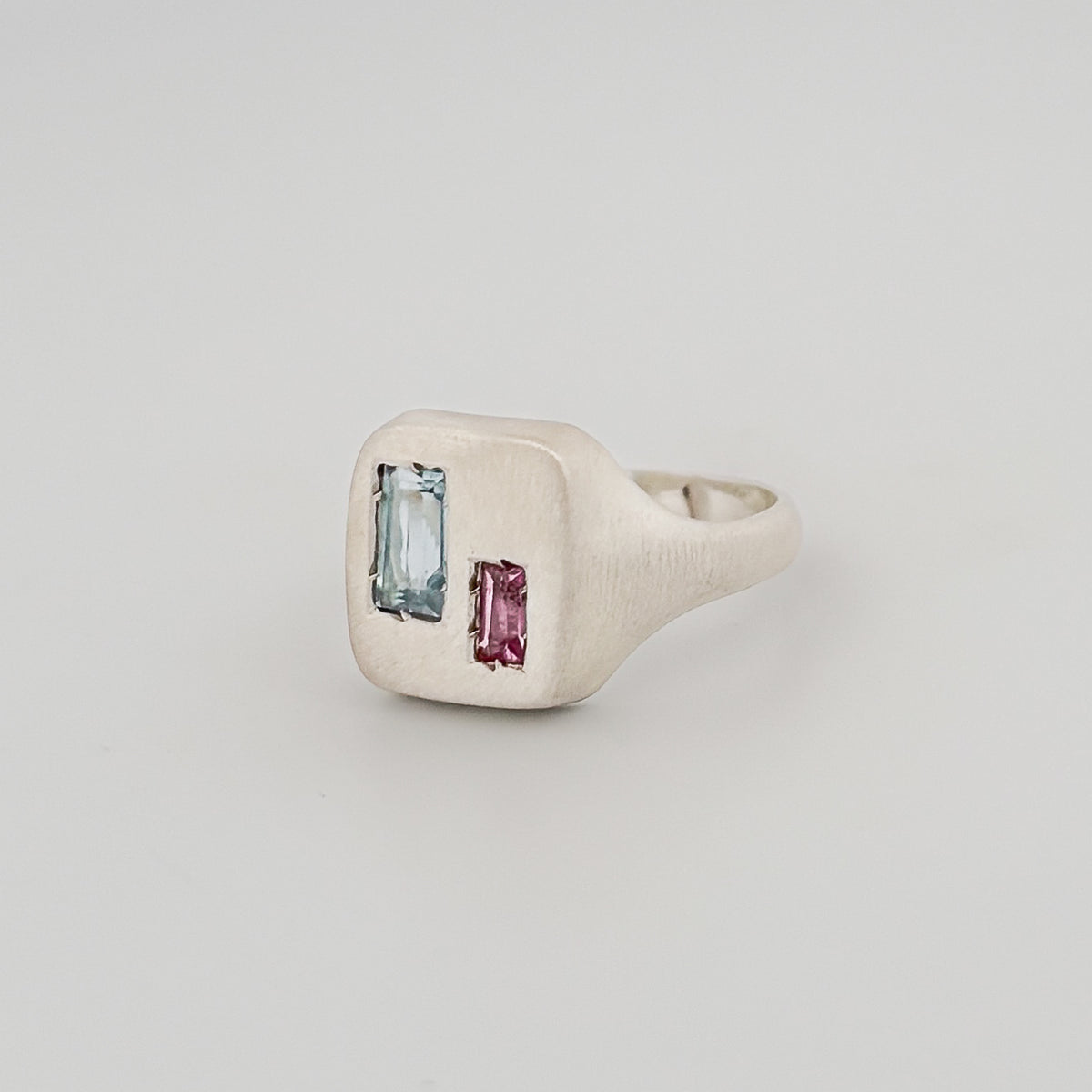 ALEXANDRA Ring in sterling silver, set with baguette aquamarine and pink sapphire. Handmade in Melbourne by AGOVIA.