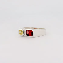 ARANSO IV Ring in recycled sterling silver, set with an emerald-cut hessonite garnet and round Ceylon sapphire. Handmade in Melbourne by AGOVIA.