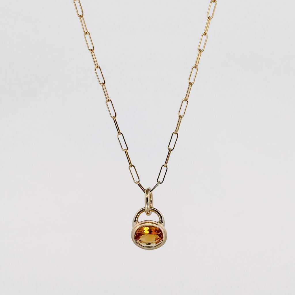 MARIGOLD Pendant in recycled 9ct yellow gold, set with an oval-cut citrine on an Italian paperlink chain. Handmade in Melbourne by AGOVIA.