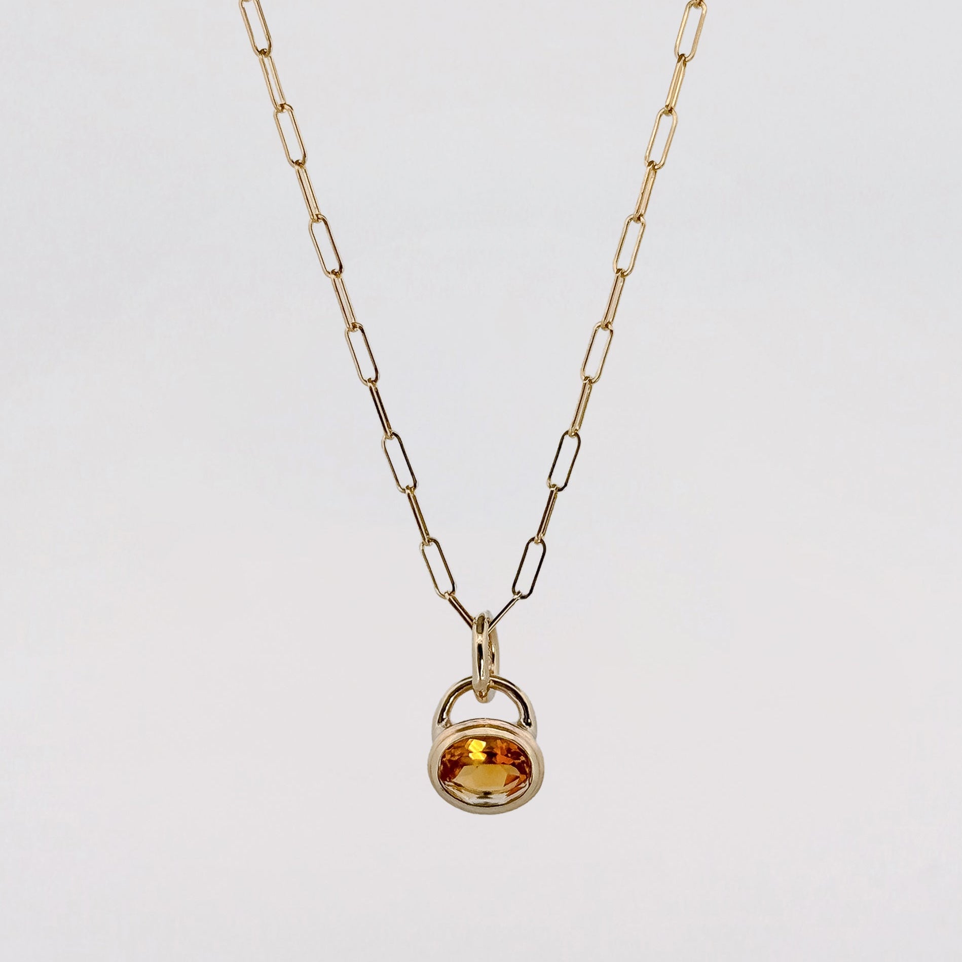 MARIGOLD Pendant in recycled 9ct yellow gold, set with an oval-cut citrine on an Italian paperlink chain. Handmade in Melbourne by AGOVIA.