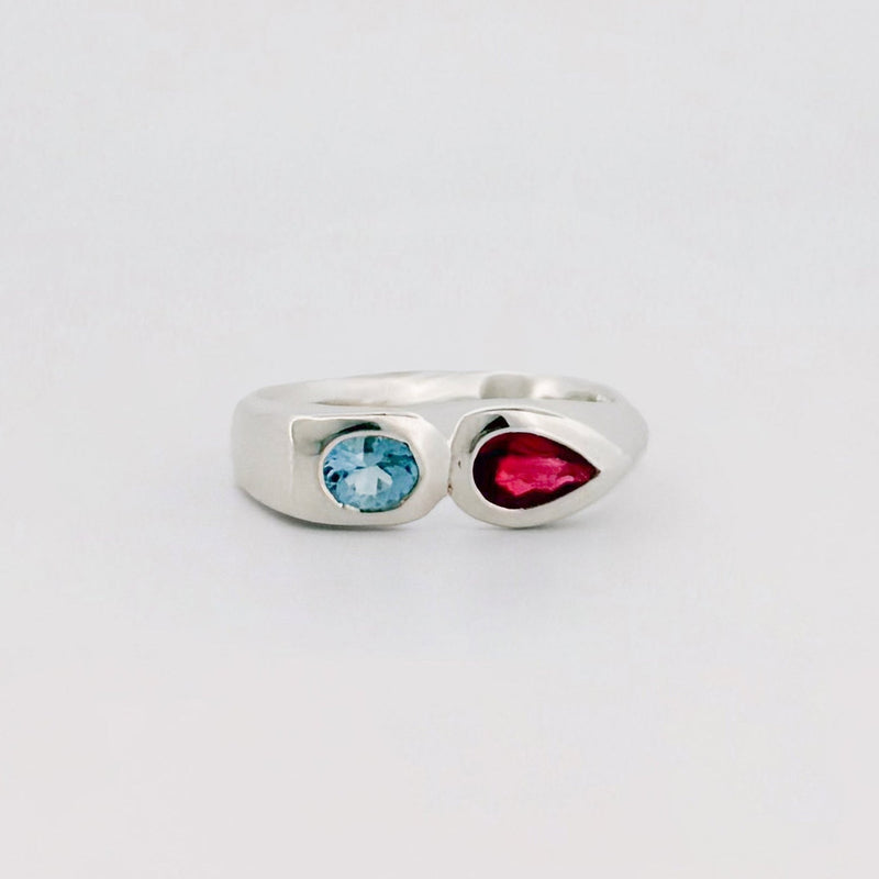 SCARLETT Ring in sterling silver, set with a pear-cut Burmese ruby and oval aquamarine. Handmade in Melbourne by AGOVIA.
