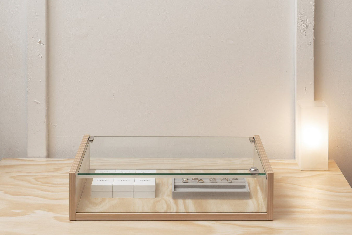The AGOVIA display case on a plywood bench against a white studio wall, lit by a soft lamp.