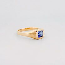 BACCHUS signet ring in 14ct yellow gold, set with an Asscher-cut Ceylon sapphire. Handmade in Melbourne by AGOVIA.
