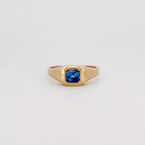 BACCHUS signet ring in 14ct yellow gold, set with an Asscher-cut Ceylon sapphire. Handmade in Melbourne by AGOVIA.