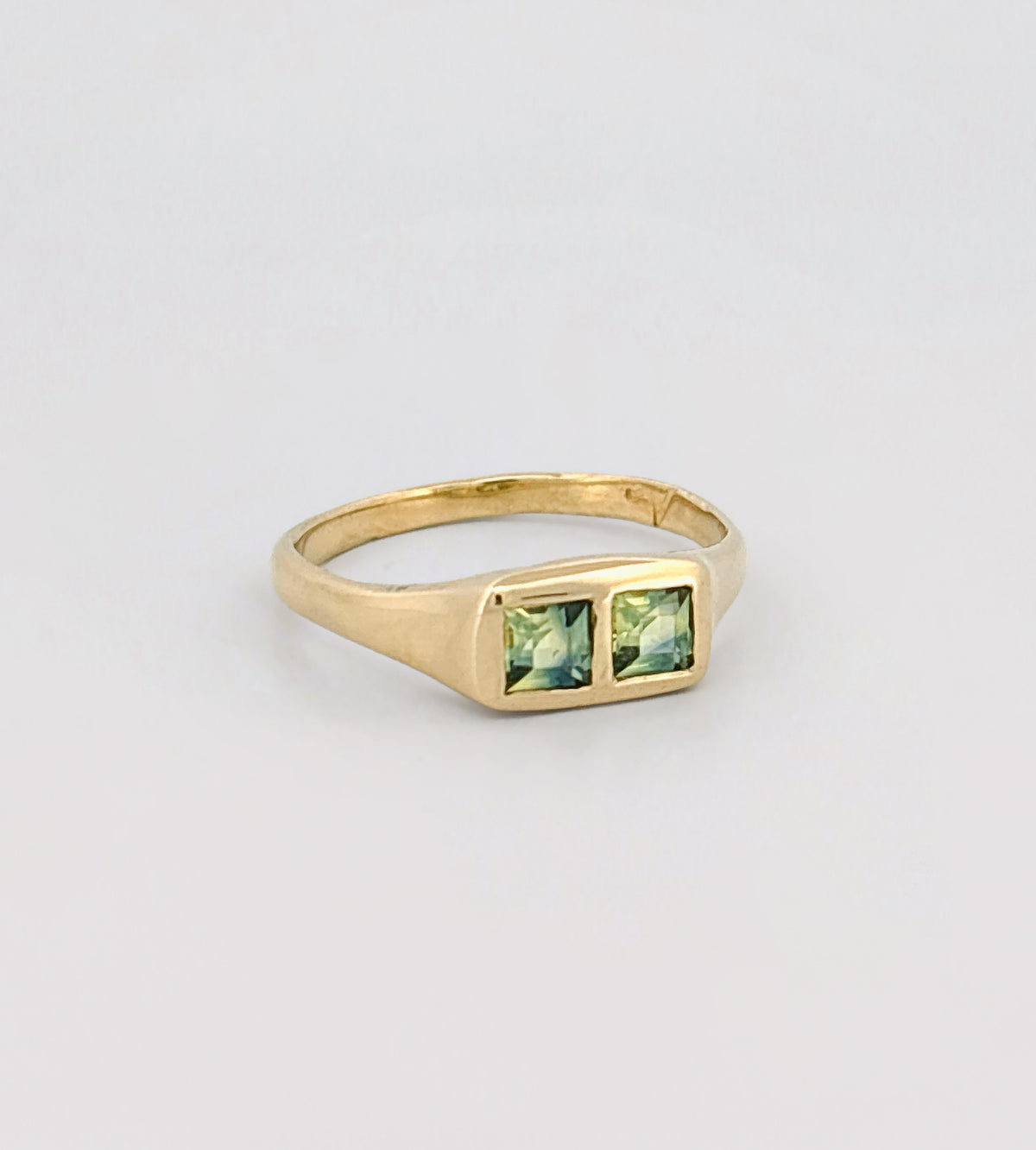 COCAL Ring in 9ct yellow gold, set with two Australian parti sapphires, Carre cut. Handmade in Melbourne by AGOVIA.