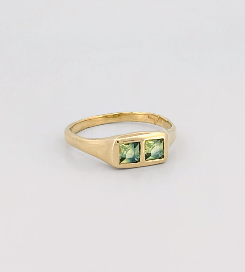 COCAL Ring in 9ct yellow gold, set with two Australian parti sapphires, Carre cut. Handmade in Melbourne by AGOVIA.