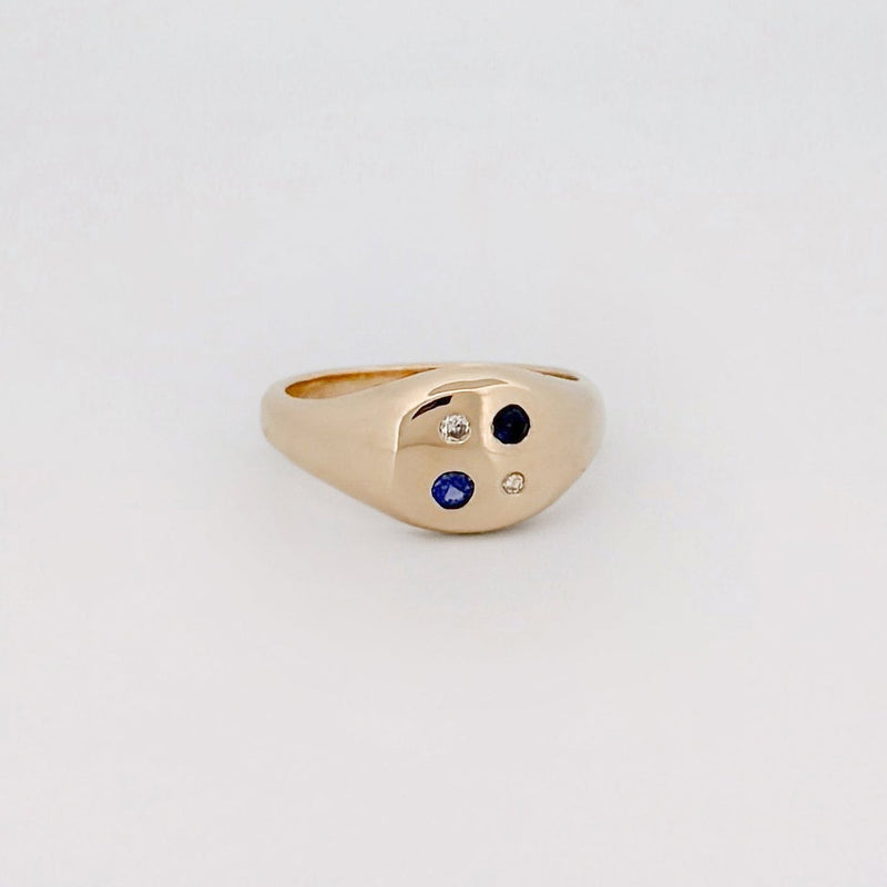 ASTRO signet ring in 9ct yellow gold, flush-set with Ceylon sapphires and white diamonds. Handmade in Melbourne by AGOVIA.