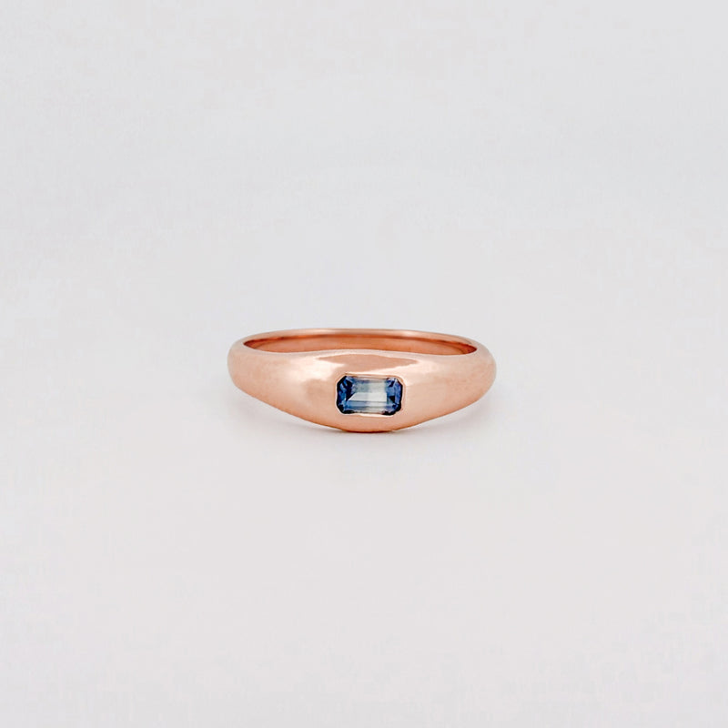LILIAN Ring in 9ct pink gold, set with an emerald-cut ruby or blue Ceylon sapphire. Handmade in Melbourne by AGOVIA.