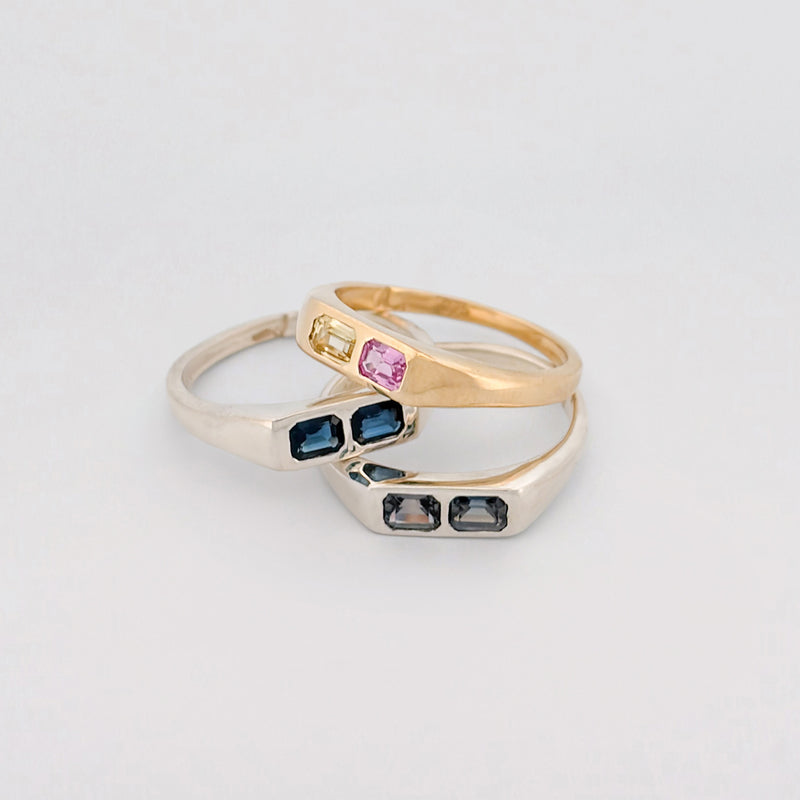 AYXA Ring in silver, set with an emerald-cut Australian blue sapphire. Handmade in Melbourne by AGOVIA.