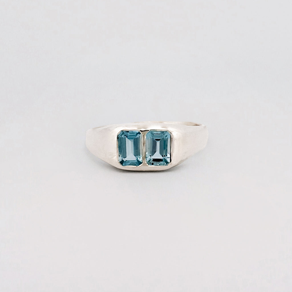 AYXA Ring in recycled sterling silver, set with an emerald-cut Australian blue sapphire. Handmade in Melbourne by AGOVIA.