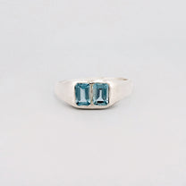 AYXA Ring in recycled sterling silver, set with an emerald-cut Australian blue sapphire. Handmade in Melbourne by AGOVIA.