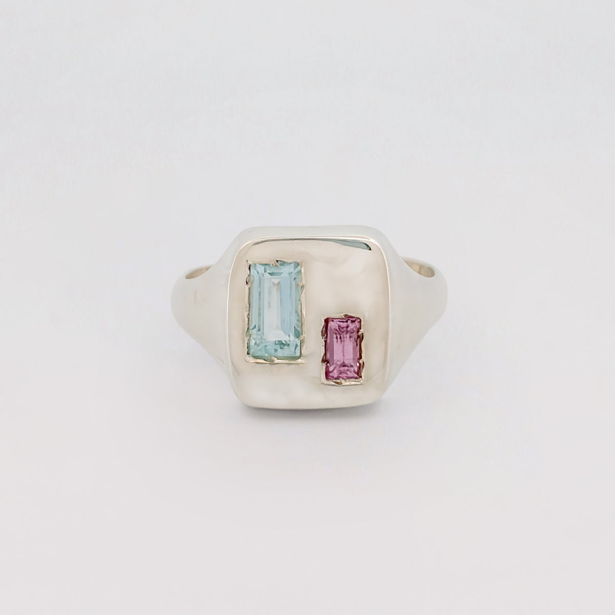 ALEXANDRA Ring in sterling silver, set with baguette aquamarine and pink sapphire. Handmade in Melbourne by AGOVIA.