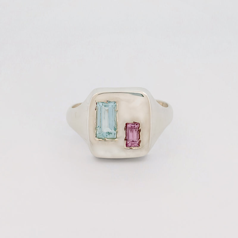 ALEXANDRA Ring in sterling silver, set with baguette aquamarine and pink sapphire. Handmade in Melbourne by AGOVIA.