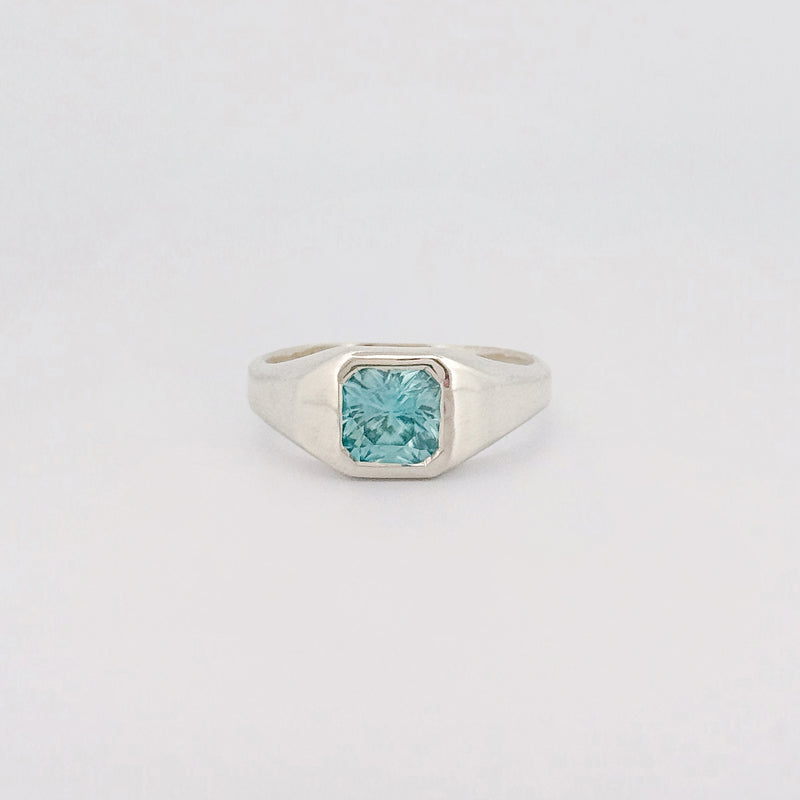 BACCHUS signet ring in sterling silver, set with a radiant-cut blue zircon. Handmade in Melbourne by AGOVIA.