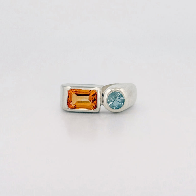 ARANSO Ring in sterling silver, set with a 7x5mm emerald-cut citrine and 4mm round aquamarine. Handmade in Melbourne by AGOVIA.